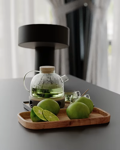 Decorative Ornament Set with Glass Teapot Wooden Tray Fresh Limes and Sliced Lime on Tabletop 3d model