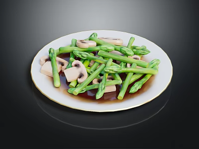 Fresh Asparagus and Mushrooms Dish with Brown Sauce on White Plate 3d model