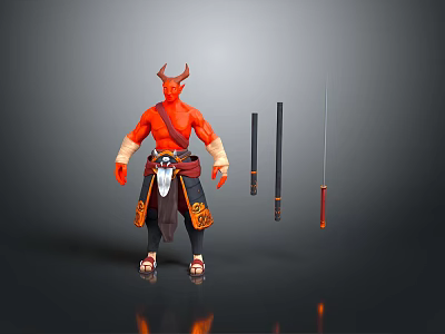 Red Skinned Horned Game Character With Decorative Outfit And Three Swords 3d model