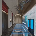 Modern Luxury Elevator Corridor With Art Glass Chandelier And Elegant Ambient Interior Lighting Design