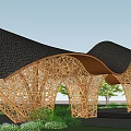 Modern Entrance Gate With Curved Wooden Roof And Openwork Structure Surrounded By Greenery