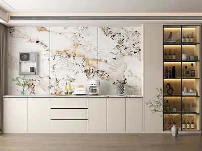 Modern Restaurant Interior With Marble Wall White Cabinets And Glass Door Wine Cabinet 3d model