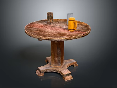 Vintage Round Wooden Table with Carved Base and Tabletop Featuring Yellow Mug And Clear Glass 3d model