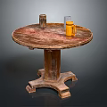 Vintage Round Wooden Table with Carved Base and Tabletop Featuring Yellow Mug And Clear Glass