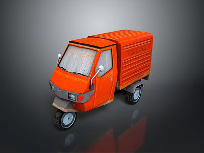 Orange Cargo Tricycle With Driver Cabin And Closed Loading Box Design 3d model