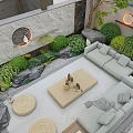 Modern Courtyard Water Fountain With Green Plants Stones Round Lights And Cozy Sofa Seating