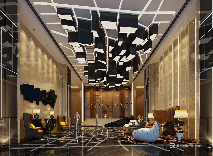 Elegant Modern Hotel Lobby Interior With Unique Ceiling Design Comfortable Seating And Marble Floor 3d model 