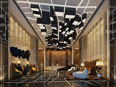 Elegant Modern Hotel Lobby Interior With Unique Ceiling Design Comfortable Seating And Marble Floor 3d model