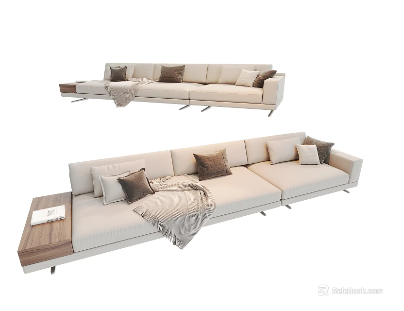 Modern Beige Multi-seat Sofa With Decorative Cushions Side Table And Soft Blanket 3d model