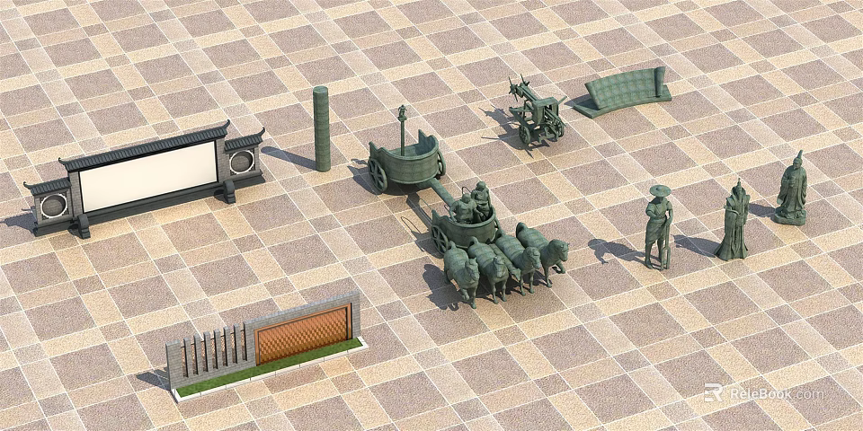 Traditional Stone Viewing Wall Design With Chariot Statues Soldier Figures And Benches In Square Plaza 3d model 
