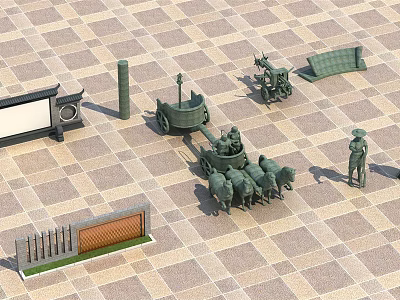 Traditional Stone Viewing Wall Design With Chariot Statues Soldier Figures And Benches In Square Plaza 3d model
