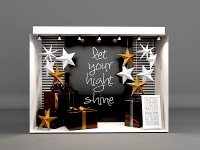 Festive Window Display with Let Your Light Shine Gold White Stars and Brown Gift Boxes 3d model