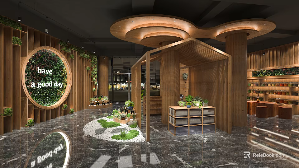 Indoor Green Decor Space With Wooden Display Shelves Plant Wall Round Ceiling And Good Day Sign 3d model 