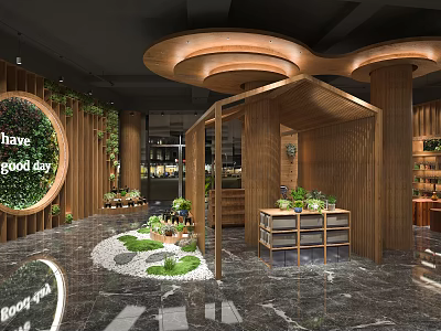Indoor Green Decor Space With Wooden Display Shelves Plant Wall Round Ceiling And Good Day Sign 3d model