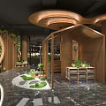 Indoor Green Decor Space With Wooden Display Shelves Plant Wall Round Ceiling And Good Day Sign