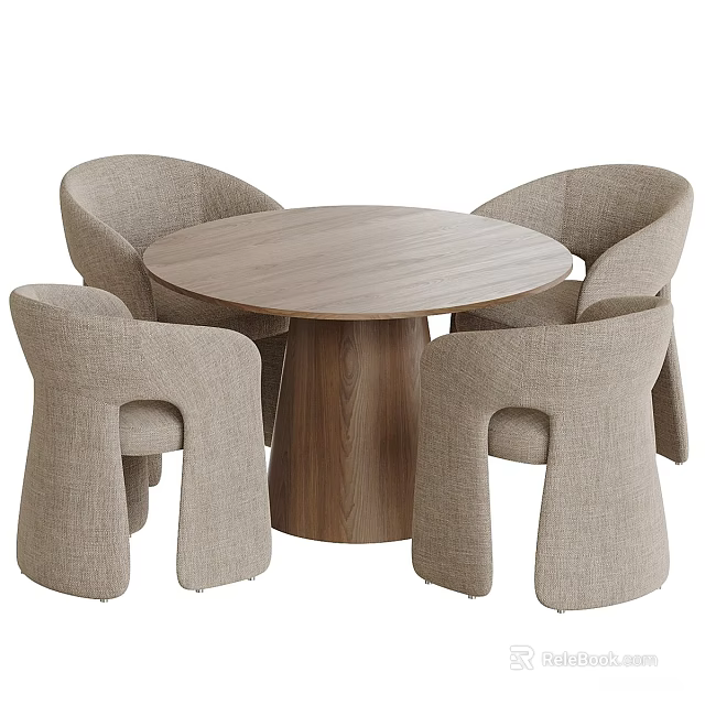Modern Round Wooden Dining Table Set With Four Light Gray Fabric Chairs 3d model
