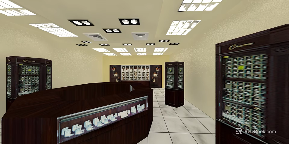 Elegant Jewelry Store Interior With Glass Display Cases Wooden Counter And Bright Lighting 3d model 