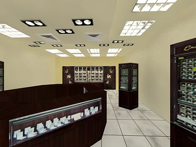 Elegant Jewelry Store Interior With Glass Display Cases Wooden Counter And Bright Lighting 3d model