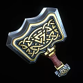 Ornate Warhammer With Celtic Style Golden Patterns And Red Leather Handle 3d model