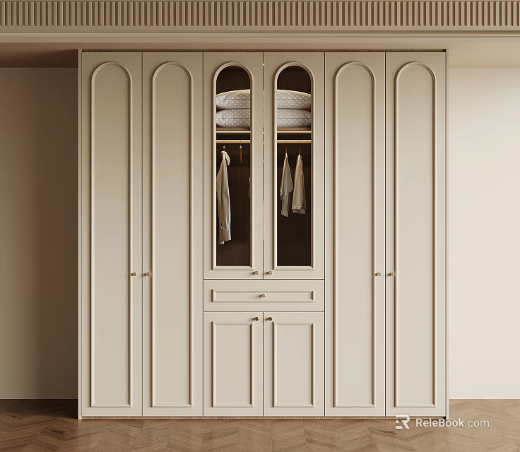Modern Cream White Wardrobe With Glass Doors Drawers And Hanging Space 3d model 