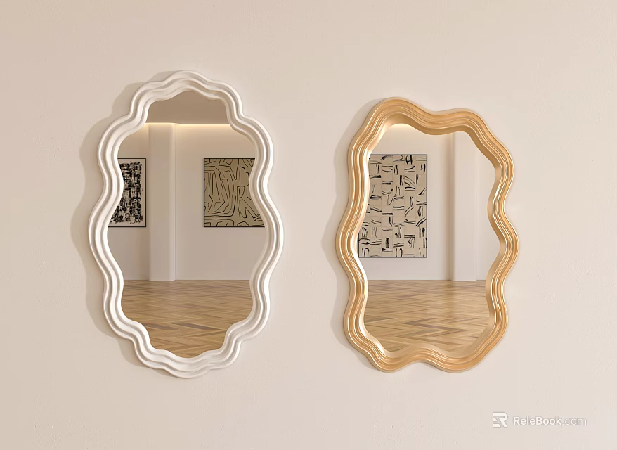 White and Gold Scalloped Edge Mirrors Hanging on Wall with Abstract Paintings and Wooden Floor 3d model 