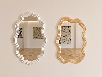 White and Gold Scalloped Edge Mirrors Hanging on Wall with Abstract Paintings and Wooden Floor 3d model