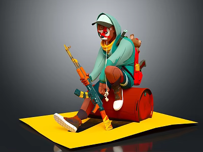Game Film Character in Green Hoodie With Clown Makeup Holding Rifle Sitting on Red Barrel 3d model