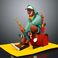Game Film Character in Green Hoodie With Clown Makeup Holding Rifle Sitting on Red Barrel
