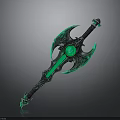 Intricate Green Glowing Double Bladed Axe Weapon With Ornate Gemstone Core