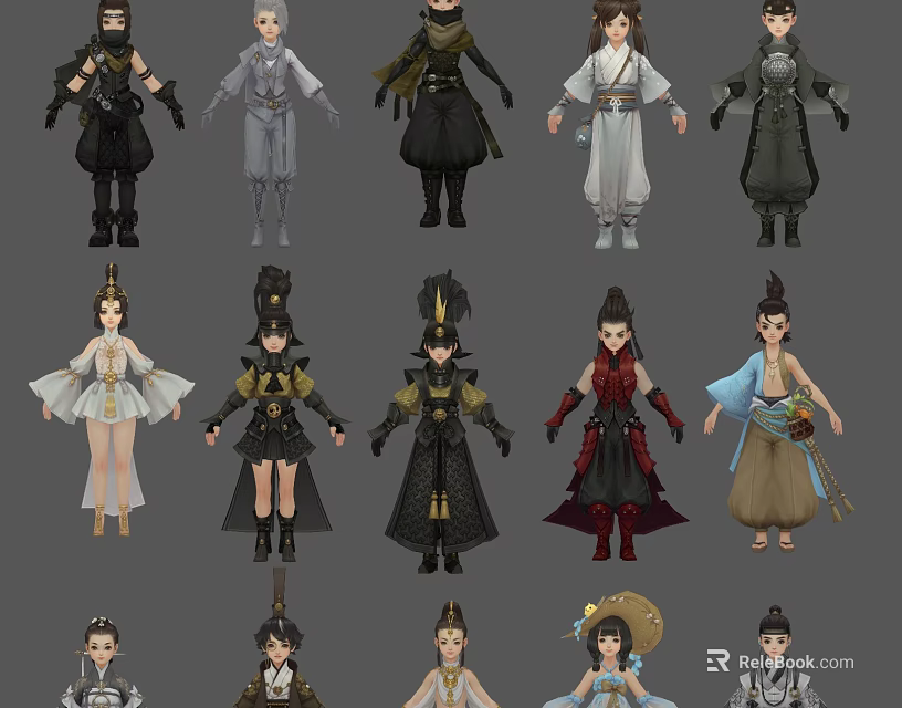 Diverse Game and Movie Character Designs Featuring Traditional and Modern Costumes 3d model