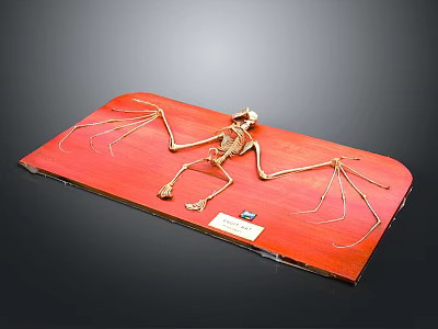 Detailed Bat Skeleton Exhibited On Red Display Board With Label 3d model