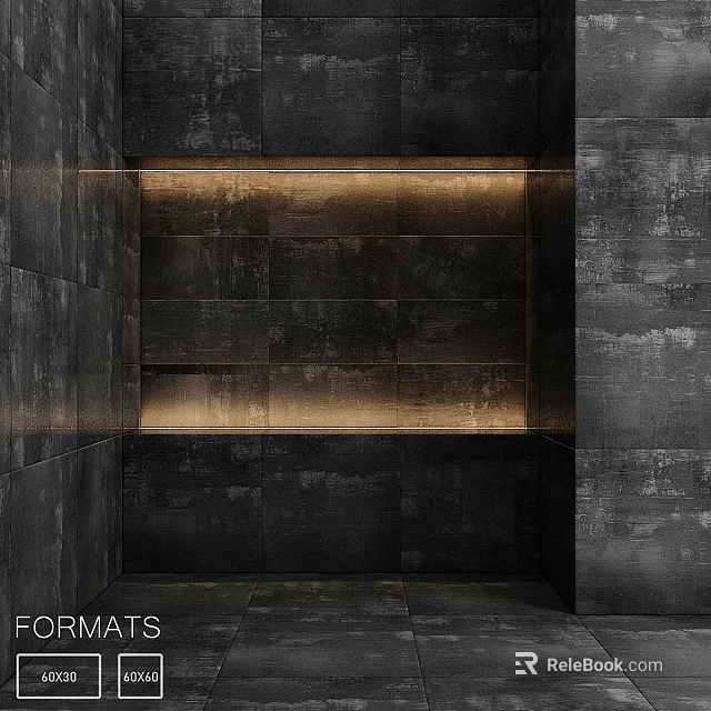 Black Stone Wall Components With Recessed Lighting And Shelving Unit Design 3d model