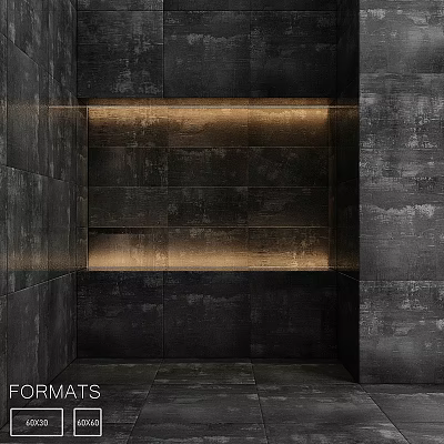 Black Stone Wall Components With Recessed Lighting And Shelving Unit Design 3d model