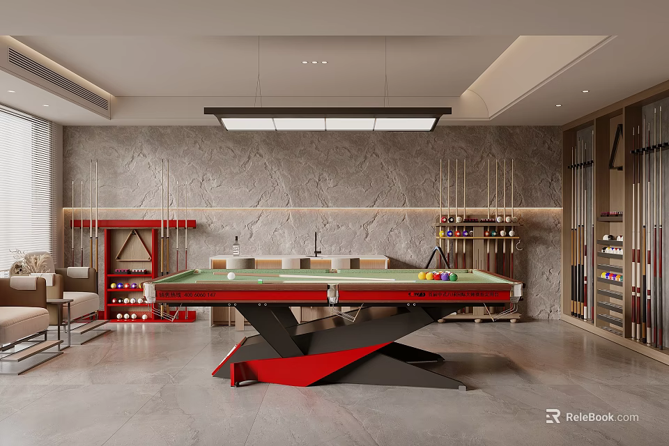 Billiard Room Interior Design With Green Felt Table Red Legs Cue Rack And Gray Stone Wall 3d model 