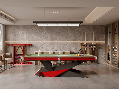 Billiard Room Interior Design With Green Felt Table Red Legs Cue Rack And Gray Stone Wall 3d model