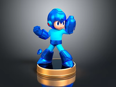 Blue Robot Character in Action Pose Standing on Golden Base with Reflective Surface 3d model