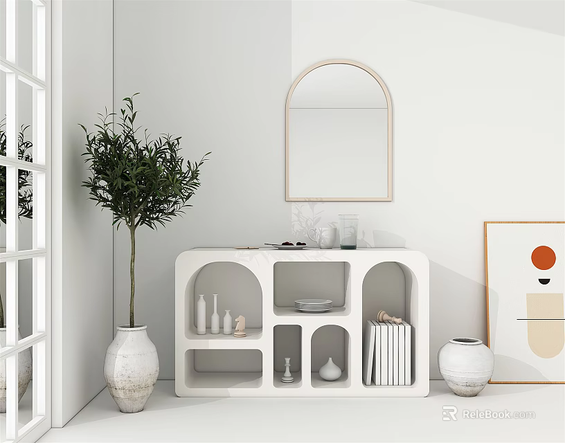 Modern White Sideboard With Open Shelves Green Plant Arch Mirror And Decor Items 3d model 