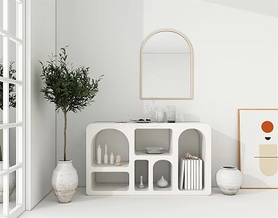 Modern White Sideboard With Open Shelves Green Plant Arch Mirror And Decor Items 3d model