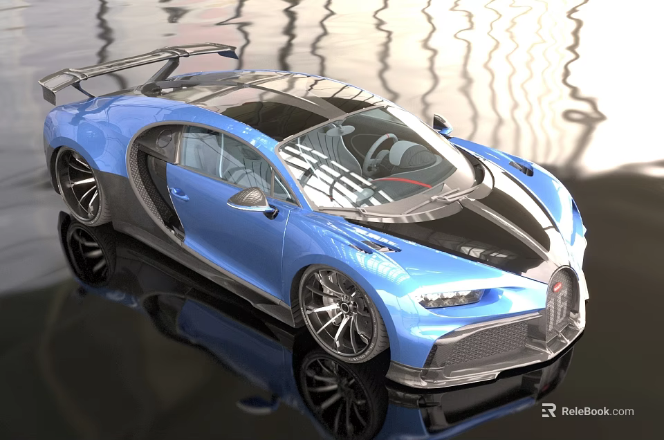 Bugatti Blue Sports Car With Open Doors Black Roof Rear Spoiler And Reflective Surface 3d model 