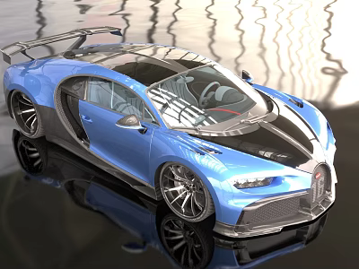 Bugatti Blue Sports Car With Open Doors Black Roof Rear Spoiler And Reflective Surface 3d model