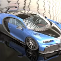 Bugatti Blue Sports Car With Open Doors Black Roof Rear Spoiler And Reflective Surface