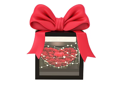Decorative Gift Box With Red Bow Transparent Window Heart Shaped Red Roses White String Lights 3d model