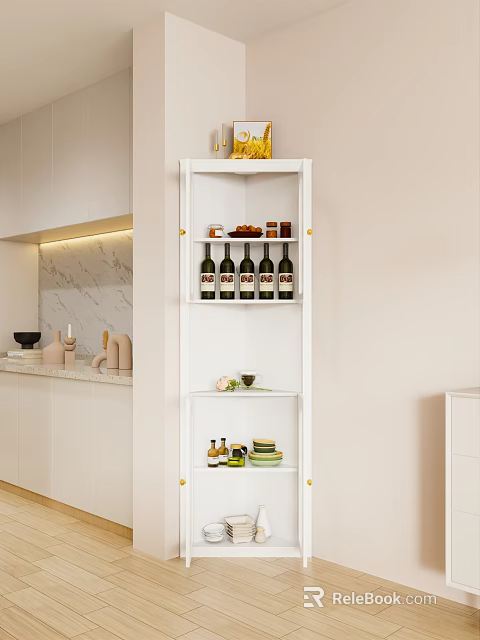 Modern White Storage Cabinet With Multiple Shelves For Kitchen Wine Bottles And Dishes 3d model 
