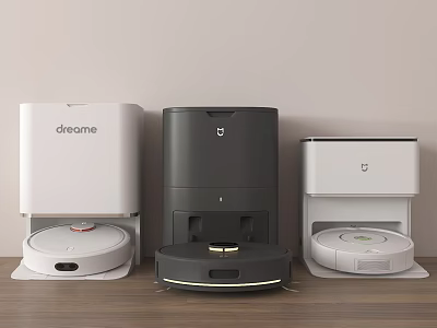 Smart Robotic Vacuums With Various Designs And Dust Collection Bases On Wooden Floor 3d model