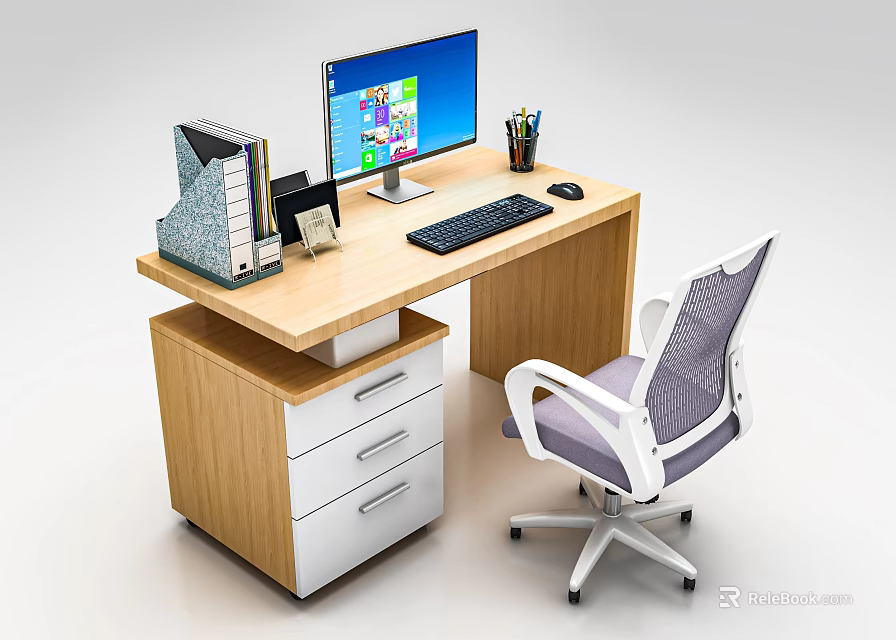 Wooden Office Desk with Monitor Keyboard Mouse Pen Holder File Organizer and Mesh Office Chair 3d model 