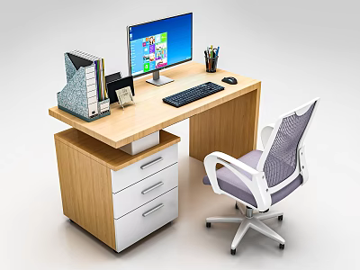 Wooden Office Desk with Monitor Keyboard Mouse Pen Holder File Organizer and Mesh Office Chair 3d model