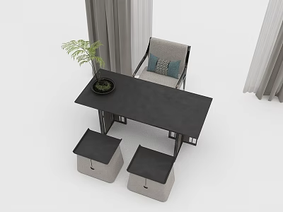 Modern Tea Table Set With Chairs Grey Stools And Green Potted Plant Decor 3d model