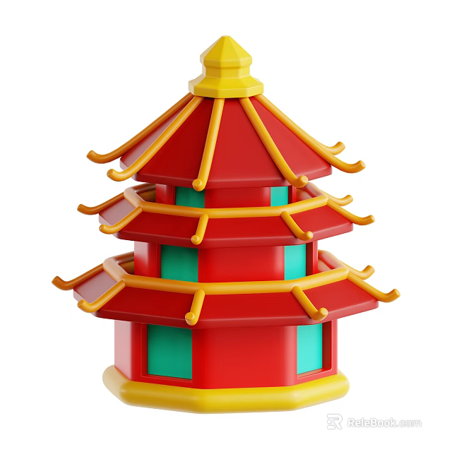 Chinese Traditional Pagoda With Red Yellow Multi Layer Structure And Green Windows 3d model 