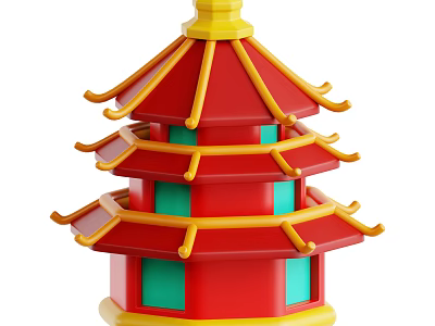 Chinese Traditional Pagoda With Red Yellow Multi Layer Structure And Green Windows 3d model