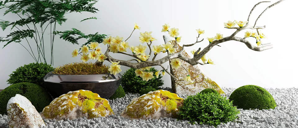 Courtyard Garden Featuring Yellow Flower Branches Moss Covered Rocks Pebbles And Green Plants 3d model 
